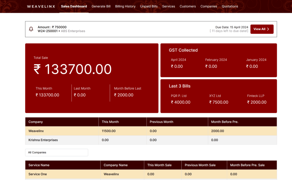 Weavelinx Billing Software Screenshot Service Based
